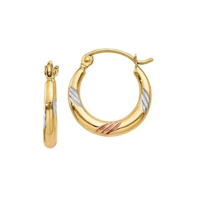 Mixed Texture Hoop Earrings with White and Rose Rhodium Accents in 14K Yellow Gold