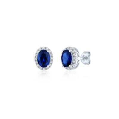 Lab-Created Blue Sapphire and Diamond Halo Earrings in Sterling Silver (1/10 ct. tw.)
