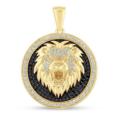 Black and White Diamond Lion Head Medallion Charm in 10K Yellow Gold (1 5/8 ct. tw.)