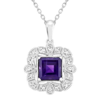 Square Amethyst Halo Pendant with Lab-Created White Sapphires in Sterling Silver