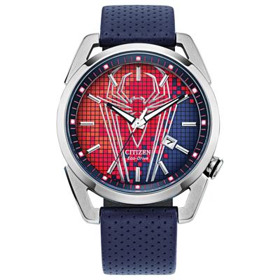Men's Spider-Man Watch in Blue Leather and Stainless Steel, 42MM