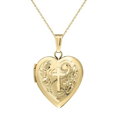 Heart-Shaped Floral Cross Locket in 14K Yellow Gold