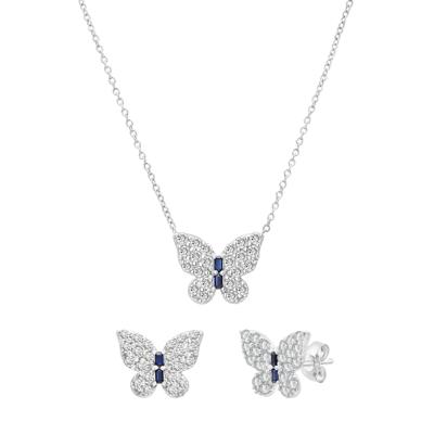 Lab-Created Blue and White Sapphire Butterfly Pendant and Stud Earring Box Set in Sterling Silver