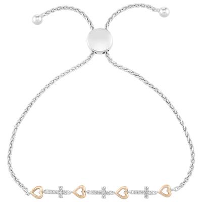 Diamond Cross and Heart Bolo Bracelet in 10K Rose Gold and Sterling Silver (1/10 ct. tw.)
