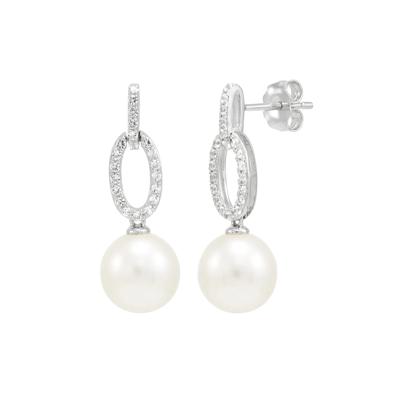 Freshwater Pearl & White Sapphire Drop Earrings in Sterling Silver