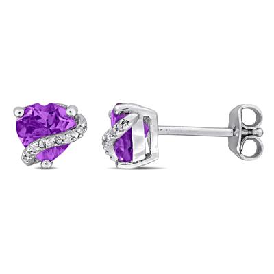 Amethyst and Diamond Accent Heart Studs in Sterling Silver