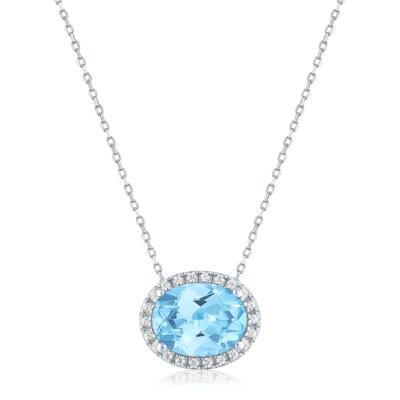 Swiss Blue Topaz and Diamond Accent Halo Pendant in Sterling Silver