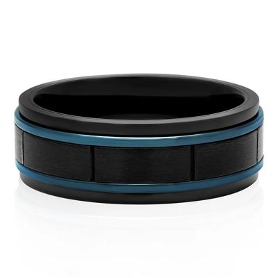 Men’s Block Pattern Ring in Blue & Black Ion-Plated Stainless Steel, 8mm