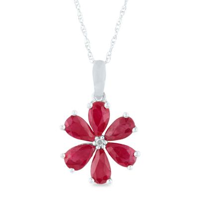 Ruby and Diamond Accent Flower Pendant in 10K White Gold