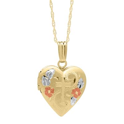 Heart-Shaped Floral Cross Locket Pendant in 14K Yellow Gold