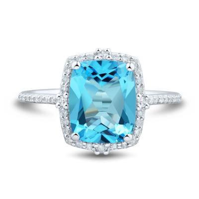 Blue Topaz Cushion-Cut Diamond Halo Ring in 10K White Gold (1/5 ct. tw.)
