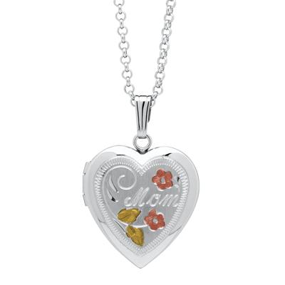Floral Mom Locket with Tri-Tone Rhodium Plated Sterling Silver