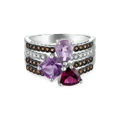 Amethyst, Garnet, Smoky Quartz and Diamond Multi-Row Ring in 10K White Gold