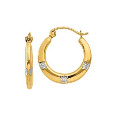 Hollow Hoop Earrings with White Rhodium Flowers in 14K Yellow Gold