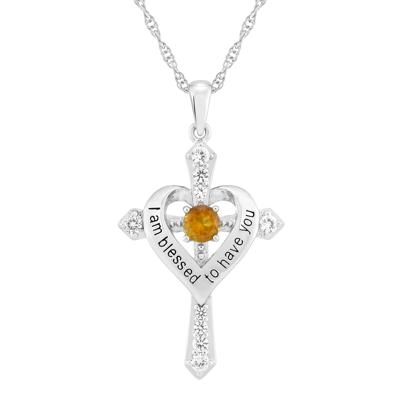 I Am Blessed to Have You Citrine and Lab-Created White Sapphire Cross Pendant in Sterling Silver