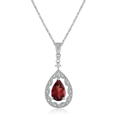 Pear-Shaped Garnet and Diamond Accent Necklace in 14K White Gold