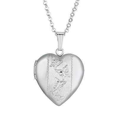 Engraved Butterfly Heart Locket Pendant in Sterling Silver