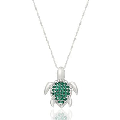 Lab-Created Emerald and Diamond Accent Turtle Pendant in Sterling Silver