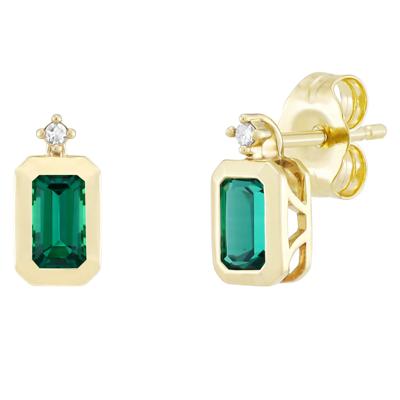 Emerald-Cut Lab-Created Emerald and Diamond Accent Bezel Earrings in 10K Yellow Gold