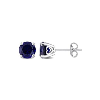 Lab Created Blue Sapphire Stud Earrings with Heart Baskets in Sterling Silver