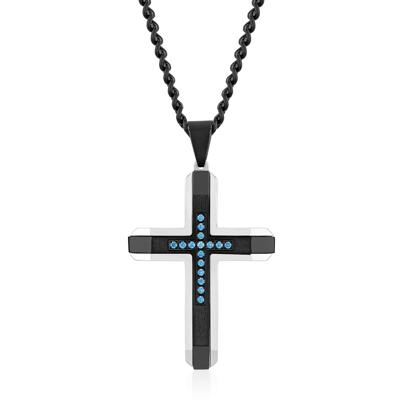 Men's Ion-Plated Stainless Steel Cross with Blue Diamonds (1/10 ct. tw.)
