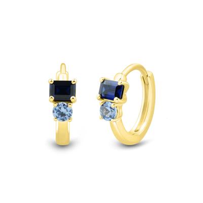 Lab-Created Blue Sapphire Toi et Moi Two-Stone Hoop Earrings in 10K Yellow Gold