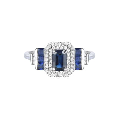 Blue Sapphire and Diamond Double Halo Ring in 10K White Gold (1/5 ct. tw.)