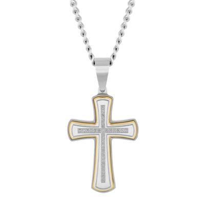 Diamond Cross Pendant in Stainless Steel and Yellow Ion-Plated Stainless Steel