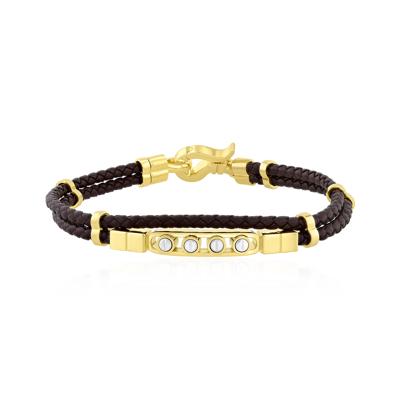Men's Double Woven Brown Leather Screw Bracelet in Vermeil and Sterling Silver, 8.5"