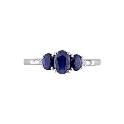 Oval Three-Stone Blue Sapphire Ring in 10K White Gold