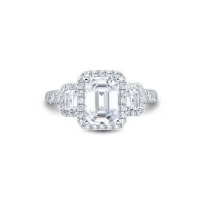 Emerald-Cut Diamond Three-Stone Halo Engagement Ring in 14K White Gold (3 ct. tw.)
