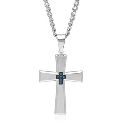 Blue Diamond Accent Cross Pendant in Stainless Steel