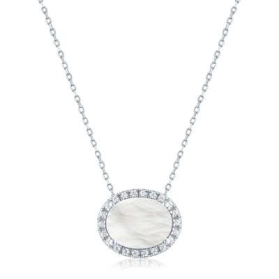 Mother of Pearl and Diamond Accent Halo Pendant in Sterling Silver