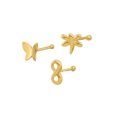 Polished Infinity Symbol, Dragonfly and Butterfly Nose Stud Set in 14K Yellow Gold, 22 Gauge
