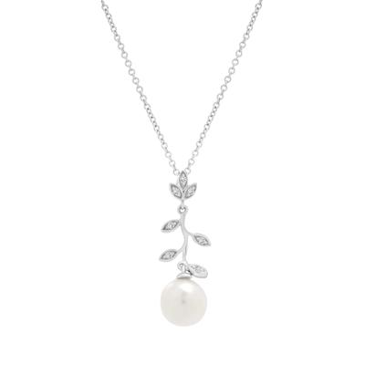 Freshwater Cultured Pearl and Diamond Accent Leaf Drop Pendant in Sterling Silver