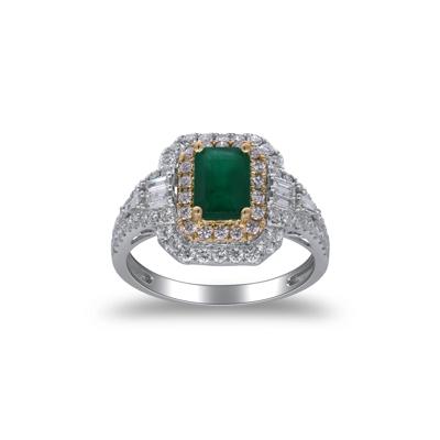 Emerald and Diamond Halo Ring in Two-Tone 14K White & Yellow Gold (3/4 ct. tw.)