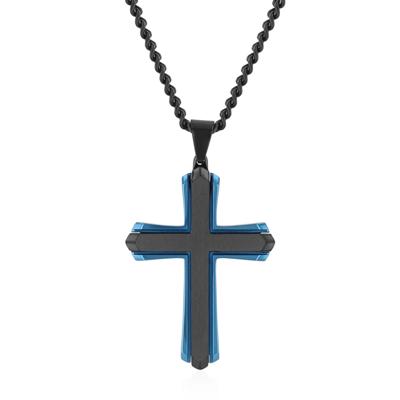 Cross Pendant in Black and Blue Ion-Plated Stainless Steel