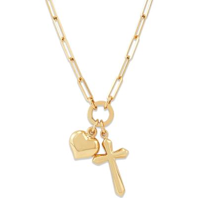 Heart & Cross Charm Paperclip Chain Necklace in 14K Yellow Gold