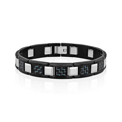 Men’s Link Bracelet with Blue Carbon Fiber in Black Ion-Plated Stainless Steel