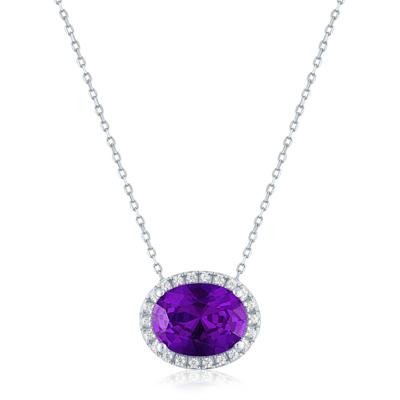 Amethyst and Diamond Accent Halo Pendant in Sterling Silver