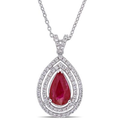 Ruby and Diamond Double Halo Pendant in 18K White Gold (1/4 ct. tw.)