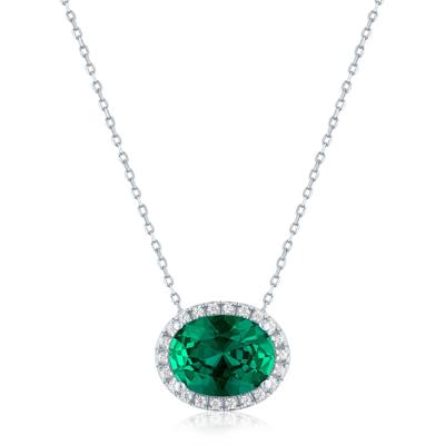 Lab-Created Emerald and Diamond Accent Halo Pendant in Sterling Silver
