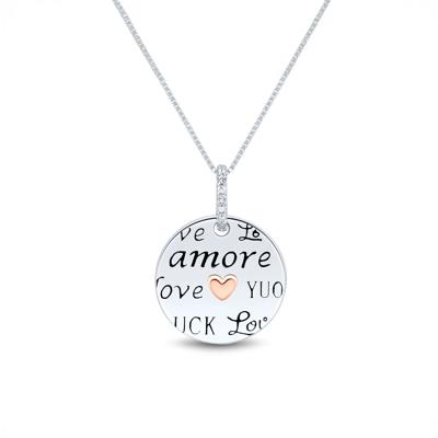 Diamond Accent Love Medallion Pendant in Sterling Silver & 14K Rose Gold
