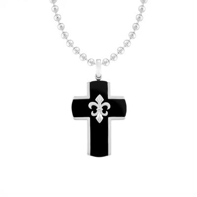 Black Onyx Fleur-de-Lis Cross Pendant in Sterling Silver