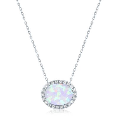 Lab-Created Opal and Diamond Accent Halo Pendant in Sterling Silver