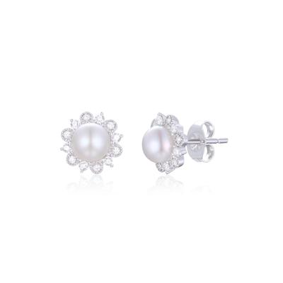 Freshwater Cultured Pearl & Diamond Stud Earrings in 10K White Gold  (1/5 ct. tw.)