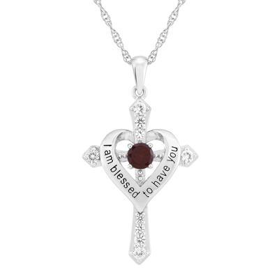 I Am Blessed to Have You Garnet and Lab-Created White Sapphire Cross Pendant in Sterling Silver