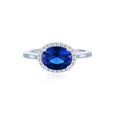 Lab-Created Blue Sapphire and Diamond Accent Halo Ring in Sterling Silver