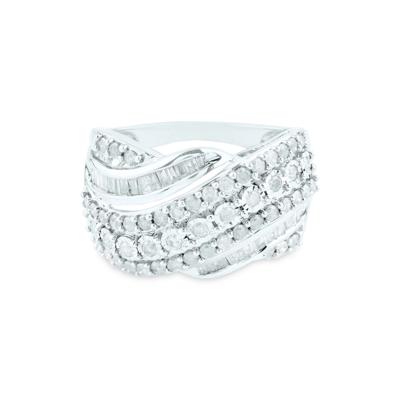 Round and Baguette Diamond Crossover Ring in 10K White Gold (1 ct. tw.)