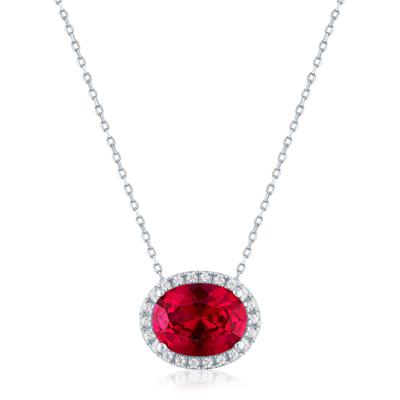 Lab-Created Ruby and Diamond Accent Halo Pendant in Sterling Silver